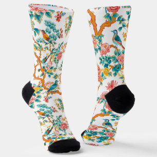 Asian-Inspired Patterns, Colorful Flowers Birds Socks