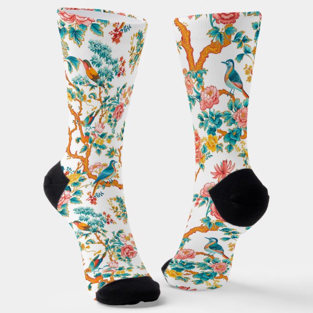 Asian-Inspired Patterns, Colorful Flowers Birds Socks (Angled)