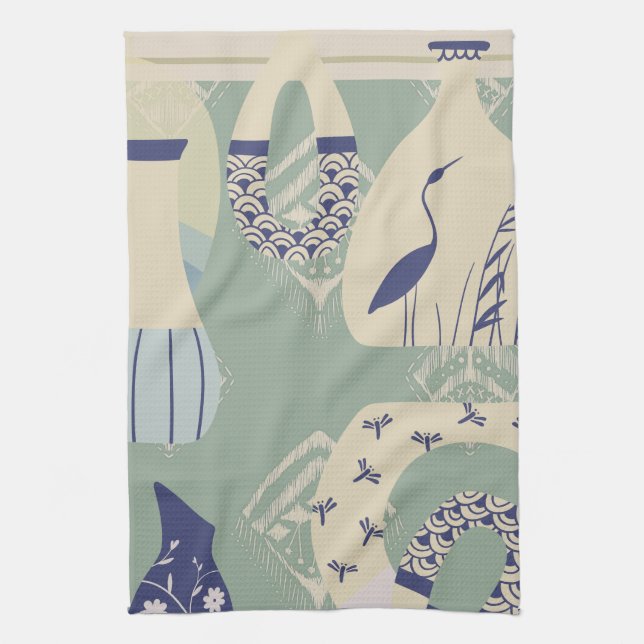 Asian Inspired Tranquil Pottery, Pelican  Kitchen Towel (Vertical)
