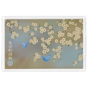 Asian Ivory blossom blue birds "Gift of life" Acrylic Tray
