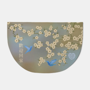Asian Ivory cherry blossom blue birds digital art Doormat