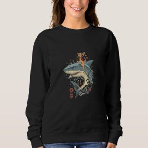 Asian Japan Samurai Cat Ridding A Shark Vintage Re Sweatshirt