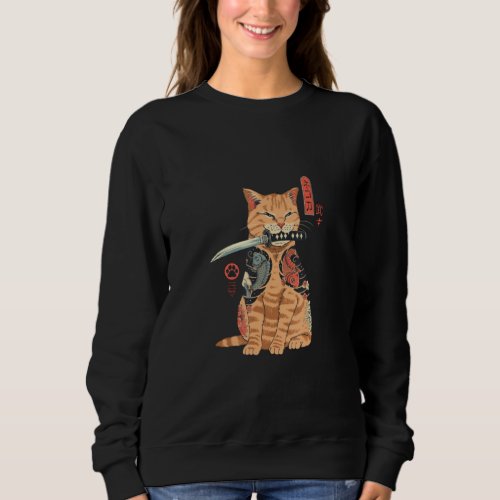 Asian Japan Samurai Tattooed Katana Cat Geek Vinta Sweatshirt