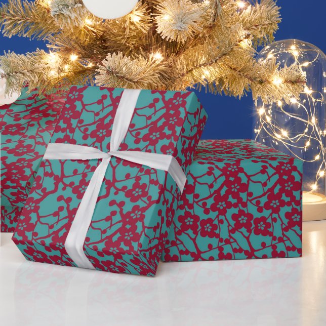 Asian Japanese Red & Turquoise Cherry Blossom Wrapping Paper (Holidays)