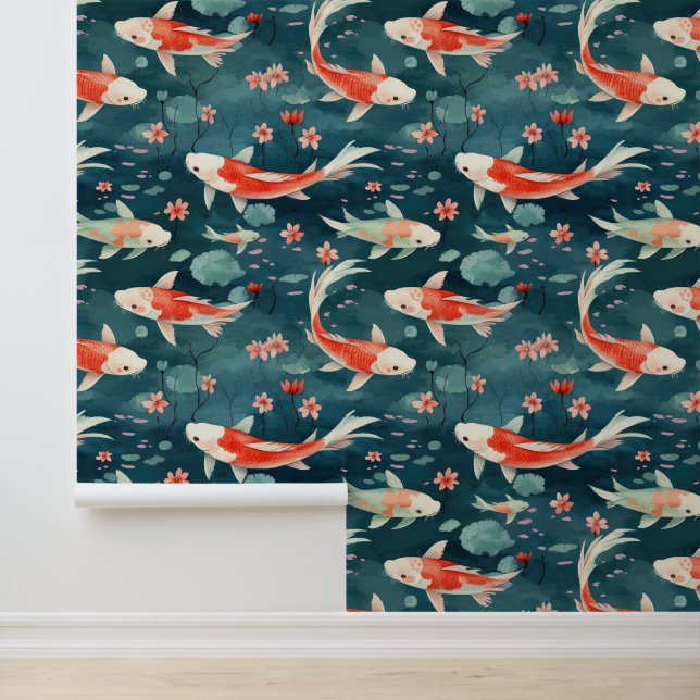 Asian Koi Fish Pond Lotus Flowers Floral Wallpaper (Application)