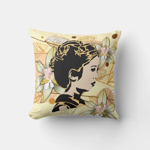 Asian Lady and Autumn Fall Leaves Pillow