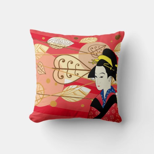 Asian Lady  Fan Autumn Fall Leaves Pillow