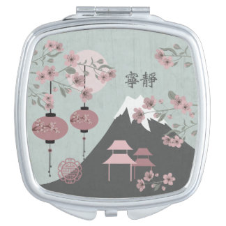 Asian landscape blossom mountain lanterns art compact mirror