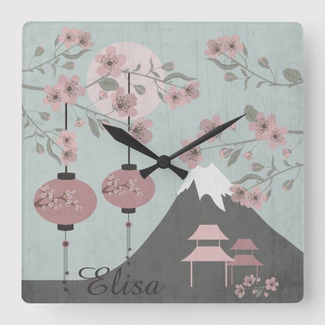 Asian landscape blossom mountain lanterns art square wall clock (Front)
