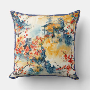 Asian Landscape with Pagoda Throw Pillow