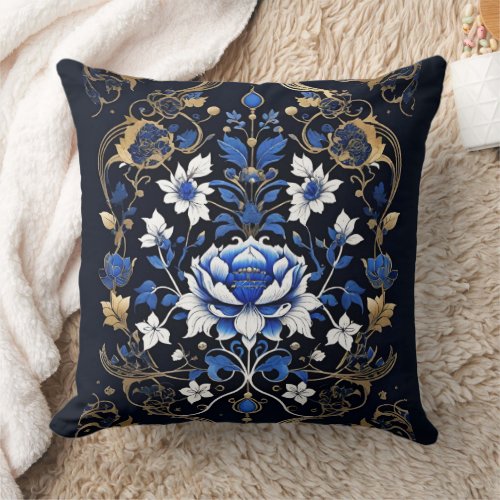 Asian Lotus Flower Chinoiserie Blue and White Throw Pillow