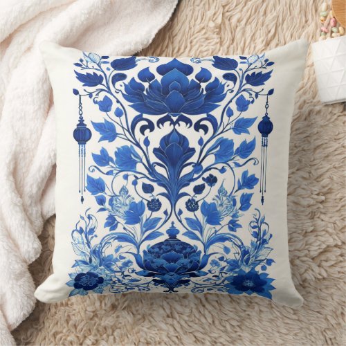 Asian Lotus Flowers Blue and White Chinoiserie Throw Pillow