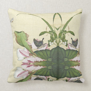 Asian Lotus Flowers Butterfly Collage Throw Pillow