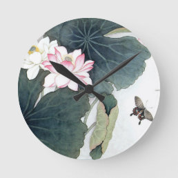 Asian Lotus Leaf Pink Flower Butterfly Art Cool Round Clock