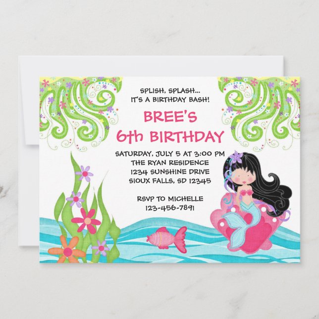 Asian Mermaid Birthday Invitations (Front)