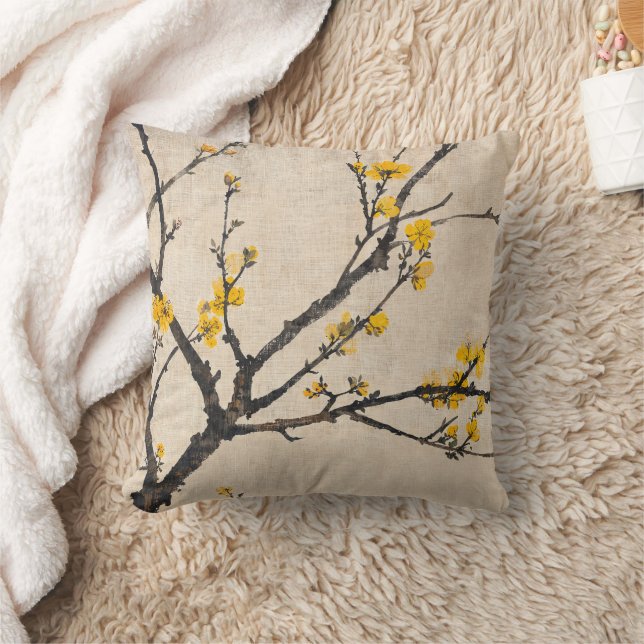 Asian Minimalist Yellow Blossom Branch Throw Pillow (Blanket)