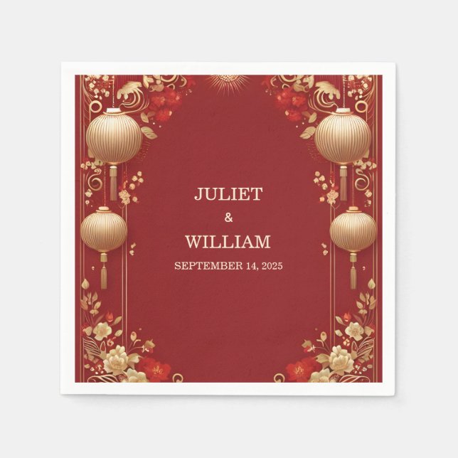 Asian Modern Floral Chinese Bilingual Wedding Napkins (Front)