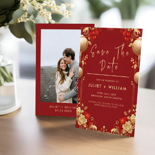 Asian Modern Floral Chinese Bilingual Wedding Save The Date