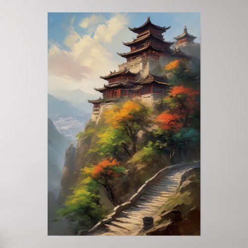 Asian Monastery Overlooking Colorful Valley Poster