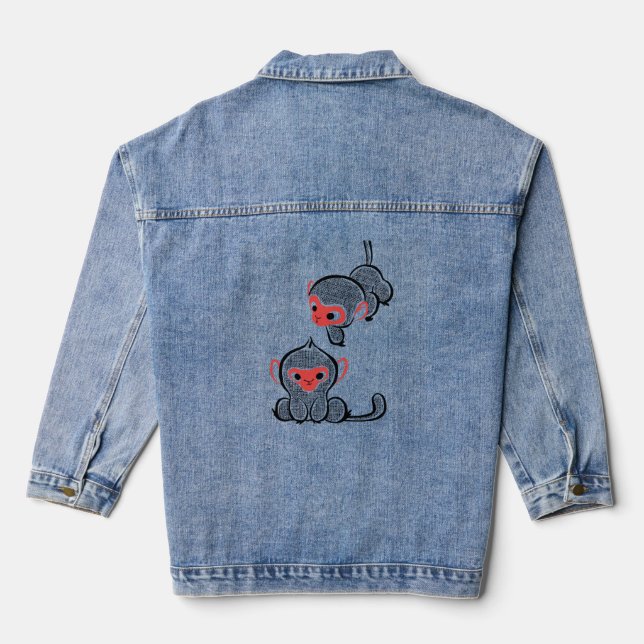 Asian Monkey Duo: Sitting and Climbing Denim Jacket (Back)