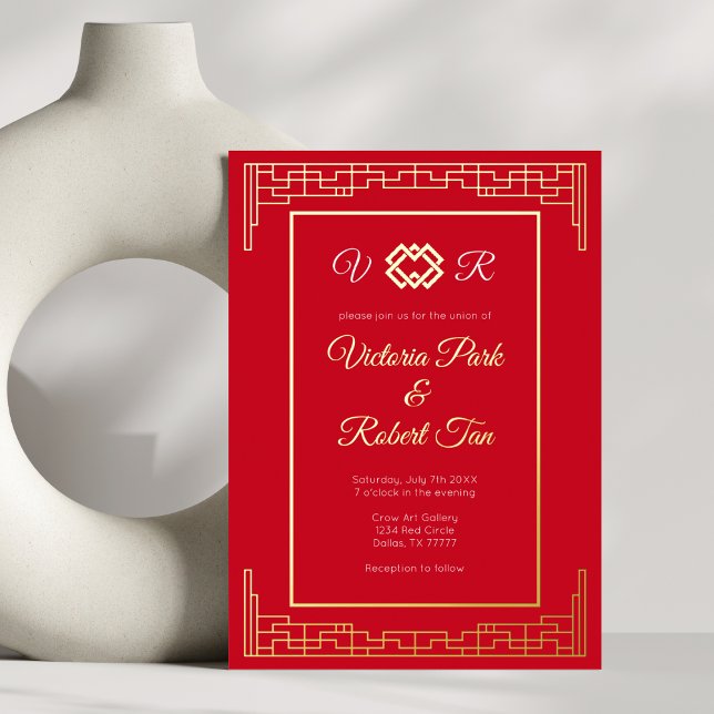 Asian Monogram Red Gold Foil Wedding Invitation Foil Invitation (Creator Uploaded)