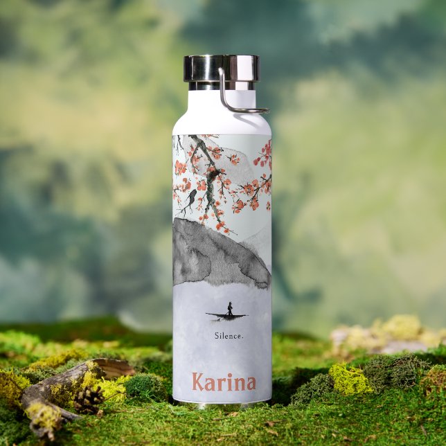 Asian Mountains, Cherry Blossoms, Canoe - Silence Water Bottle (Outdoor)