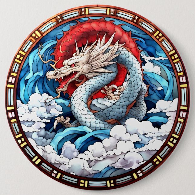 Asian Mythical Dragon in Red and Blue Button (Front)