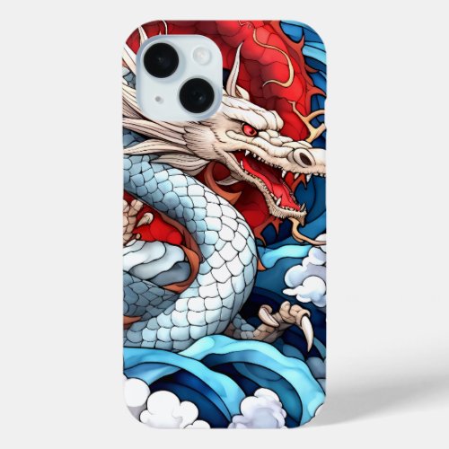Asian Mythical Dragon in Red and Blue iPhone 15 Case