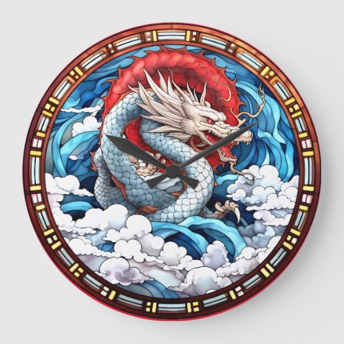 Asian Mythical Dragon in Red and Blue Large Clock