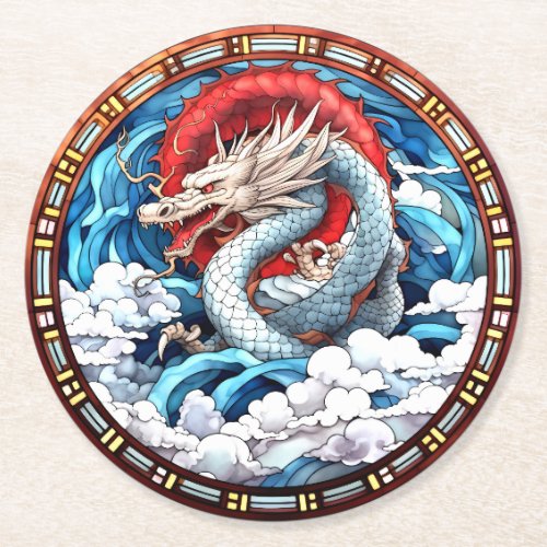 Asian Mythical Dragon in Red and Blue Round Paper Coaster