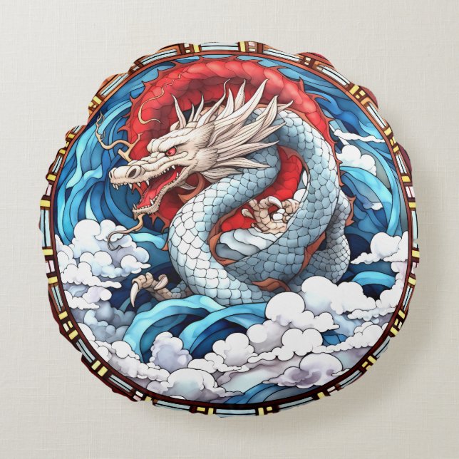 Asian Mythical Dragon in Red and Blue Round Pillow (Front)