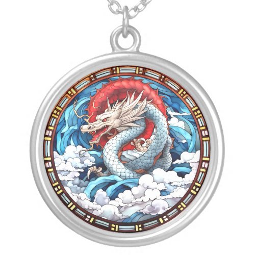 Asian Mythical Dragon in Red and Blue Silver Plated Necklace
