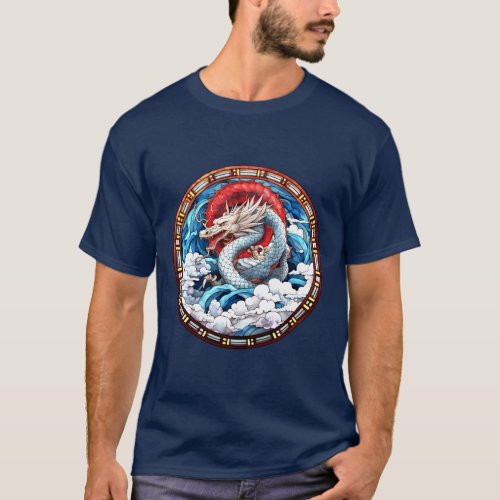 Asian Mythical Dragon in Red and Blue T_Shirt