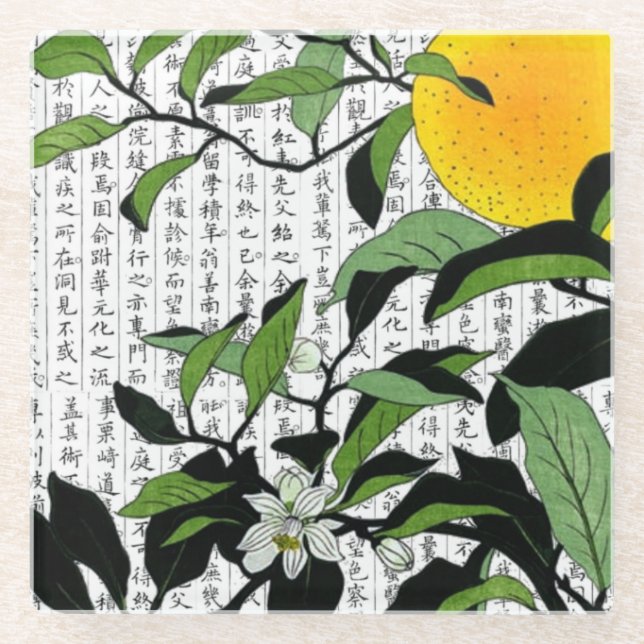 Asian Orange Blossoms on Kanji Background Glass Coaster (Front)
