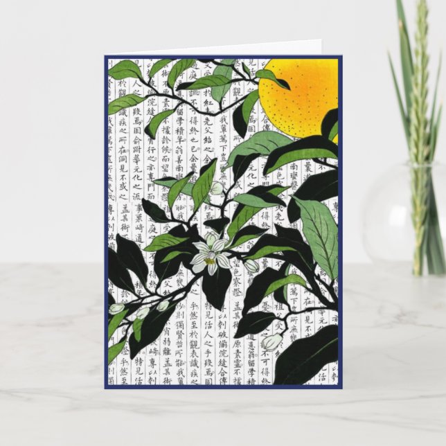 Asian Orange Blossoms on Kanji Background Thank You Card (Front)