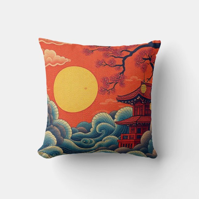 Asian Pacific Inspired Denim Jacket Throw Pillow (Front)