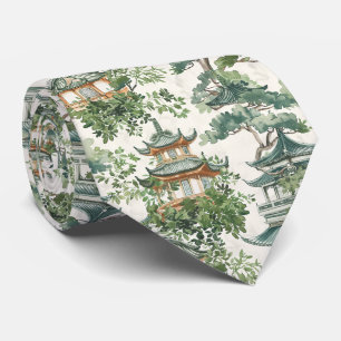 Asian Pagoda Lush Botanical Forest Neck Tie