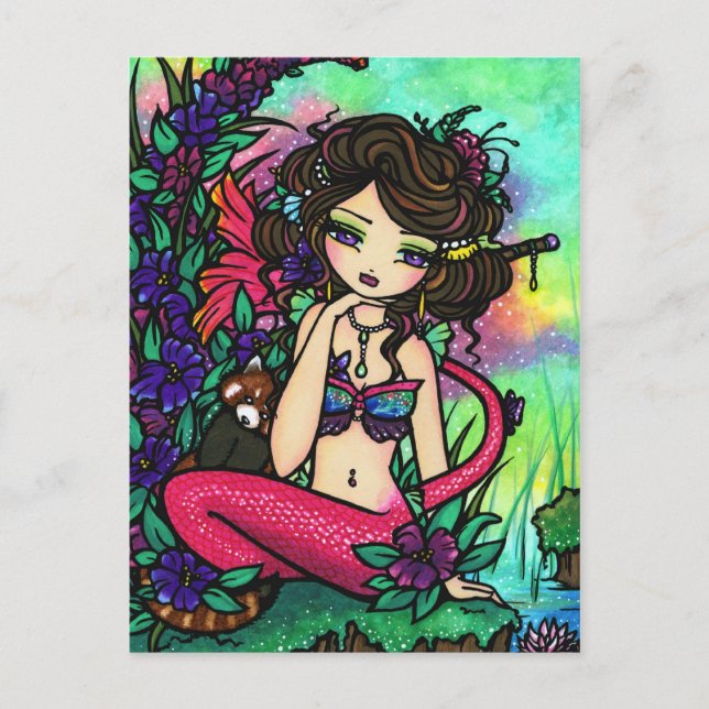Asian Panda Mystical Pond Mermaid Fantasy Art Girl Postcard (Front)