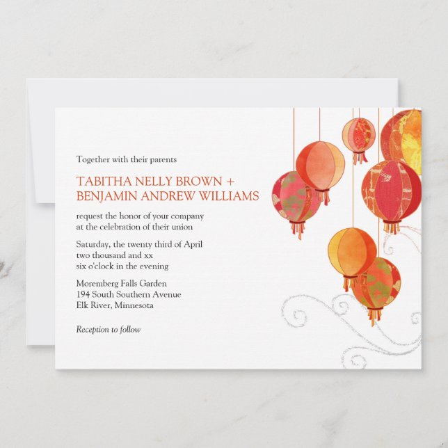 Asian Paper Lanterns White Wedding Invitation (Front)