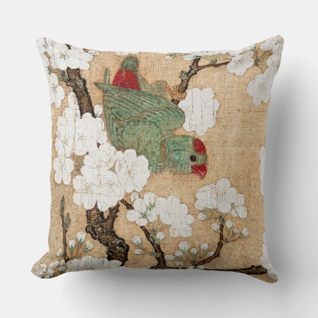 Asian Parrot Bird Flower Blossoms Throw Pillow (Front)