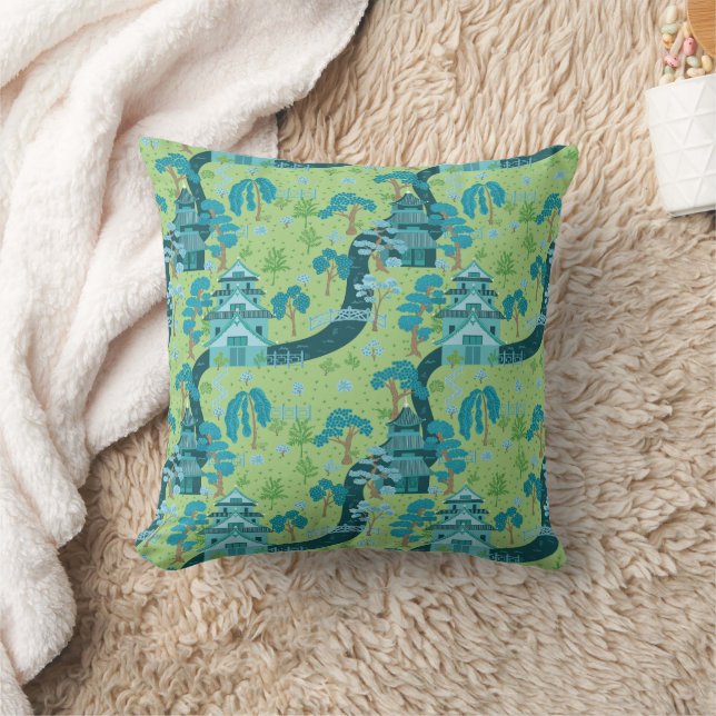 Asian Pattern Blue Green Throw Pillow (Blanket)