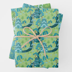 Asian Pattern Blue Green Wrapping Paper Sheets