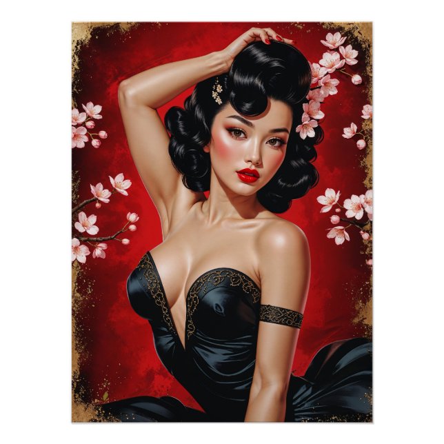 Asian Pin-Up Portrait Cherry Blossom 🌸 Poster (Front)