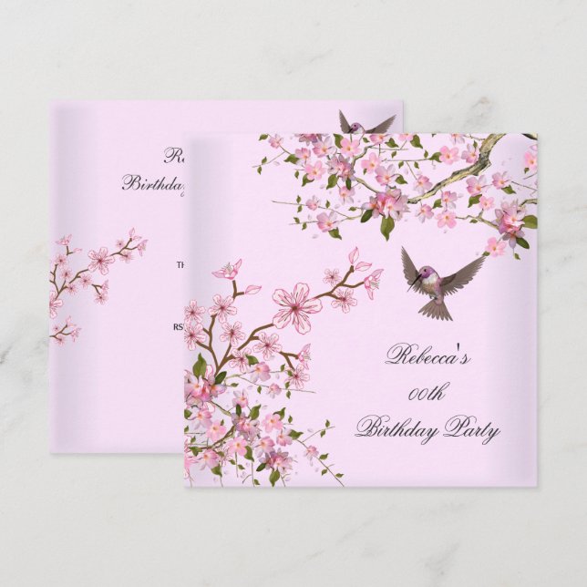 Asian Pink Blossom Birthday Party Flowers Bird Invitation (Front/Back)