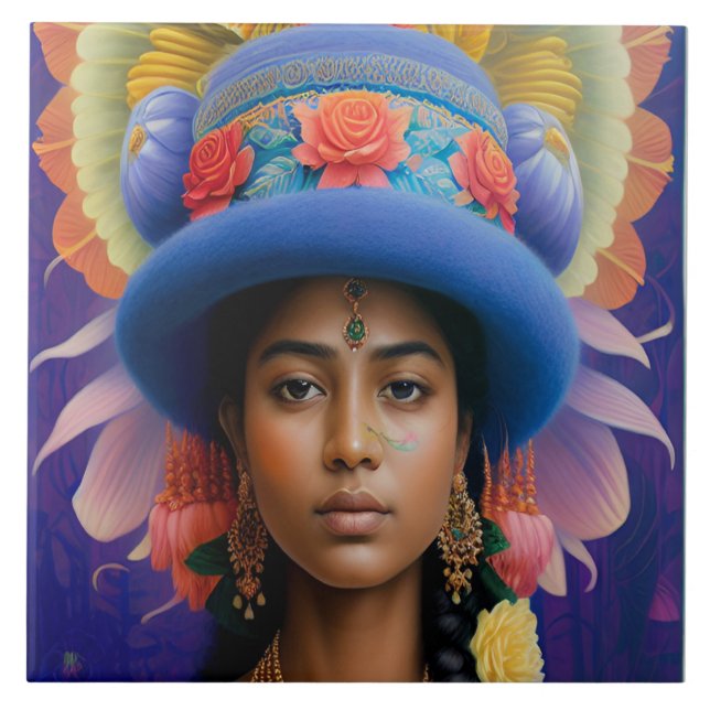 Asian princess with big blue hat ceramic tile (Front)