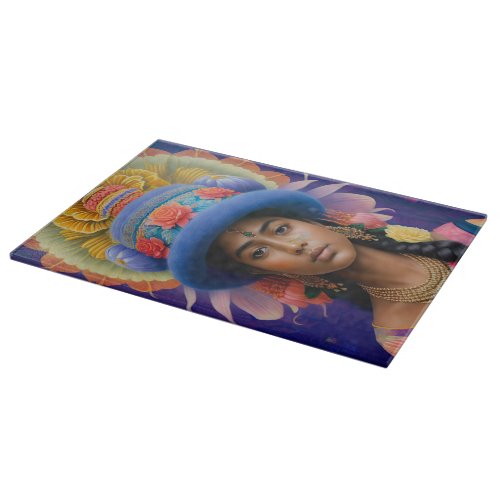 Asian princess with big blue hat cutting board