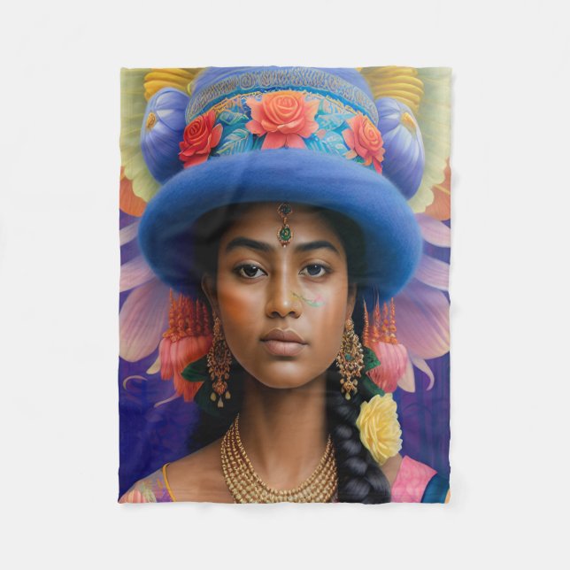 Asian princess with big blue hat fleece blanket (Front)