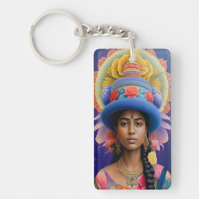 Asian princess with big blue hat keychain (Front)