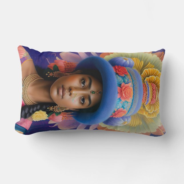 Asian princess with big blue hat lumbar pillow (Front)