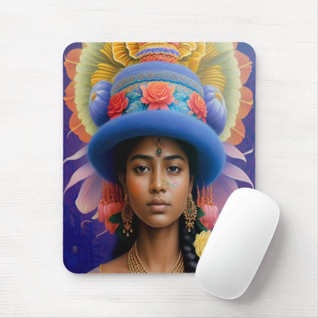 Asian princess with big blue hat mouse pad (With Mouse)